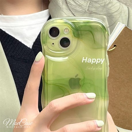 抹茶グリーン暈し染め iPhone13/14カバー Happy高級感 iphone12pro/11ケース  可愛い 透明感 頑丈 波紋枠 落下防止 [M2881]
