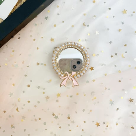 パール鏡 スマホグリップ リボン 金属 オシャレ シック スタンド 可愛い 粘着タイプ 可愛い 実用 全機種対応 ギフトにおすすめ[M4523]