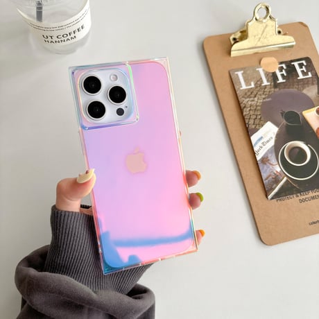 スクエア iPhone15pro/15promaxケース 光によって変色 iPhone14/13proケース キラキラ オシャレ[M4419]