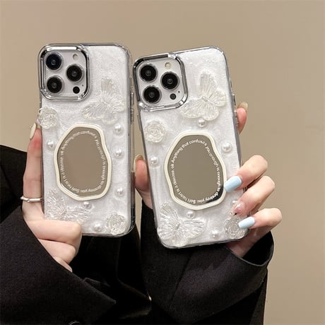 鏡付 アイフォン15/15プロ/15プラスケース 蝶/パール iPhone14/13pro/12ケース 可愛い 女子力アップ[M4496]