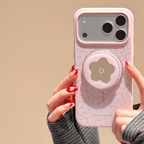 ミラー付花グリップ iPhone17Pro/17ケース MagSafe対応 iPhone17Promax/16Pro/15ケース ピンクカラー 多機能 かわいい[M6137]