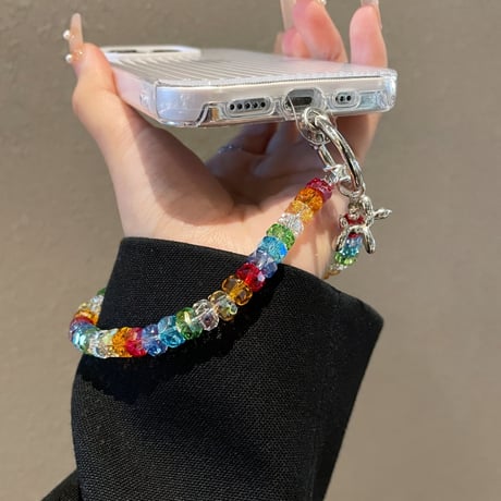 虹色 スマホストラップ キーホルダー キラキラクリスタル 女子力アップ 大人可愛い 高級感おしゃれ iphone、Google Pixe、AQUOS、Galaxyなど全種類対応 [M5581]