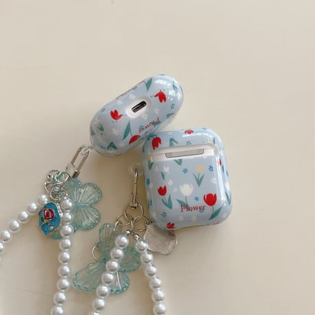 花柄 Airpods Pro3ケース 蝶パールストラップ Airpods 4/3カバー AirpodsPro2/1  存在感ある 春コーデ [M6134]
