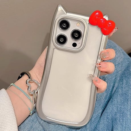 猫の耳 リボン付 iPhone15pro/15ケース メッキ iphone14pro/13promax/12カバー 可愛い 黄ばまない[M4379]
