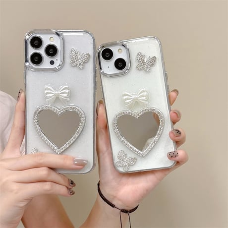 ジュエリーハート鏡 iPhone15/15pro/15plusケース リボン/蝶 iPhone14/13pro/12ケース 女子力アップ 黄ばまない[M4507]