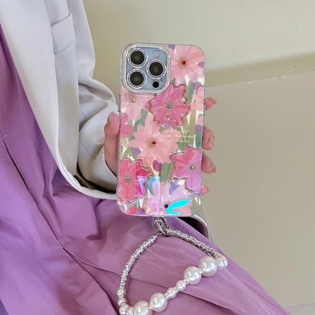 光る花柄 iPhone15/15proケース パールストラップ付 iPhone14pro/13promax/12ケース 可愛い 春夏コーデ[M4111]