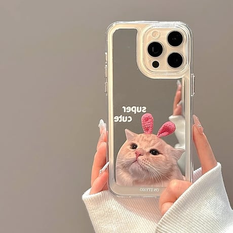 猫 ミラーiPhone15/15proケース  丈夫 iPhone14pro/13/12カバー 可愛い 丈夫[M4175]