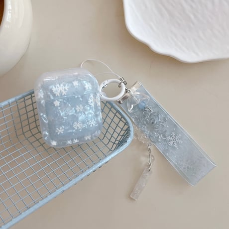シェル風 雪花 AirPods Pro3 ケース 水色 Airpods4/3ケース  AirpodsPro2/Pro1カバー  レースストラップ 指紋防止[M6007]