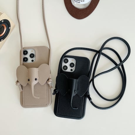 象カードポケット iPhone15/14proケース レザー製 肩掛け紐付き iPhone13mini/12カバー  スタンド付 多機能便利 かわいい[M3437]