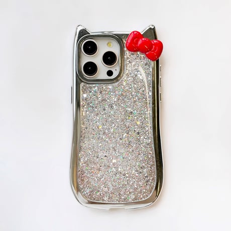 リボン 猫の耳 iPhone15Pro/15カバー キラキラグリッタ アイフォン14プロ/13/12ケース かわいい 女子力高い [M4393]