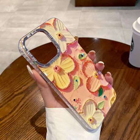 花柄 iPhone15/15Plusケース 光る油絵 綺麗 iPhone14/13proカバー ガールファッション 頑丈 かわいい 耐久性 [M3543]