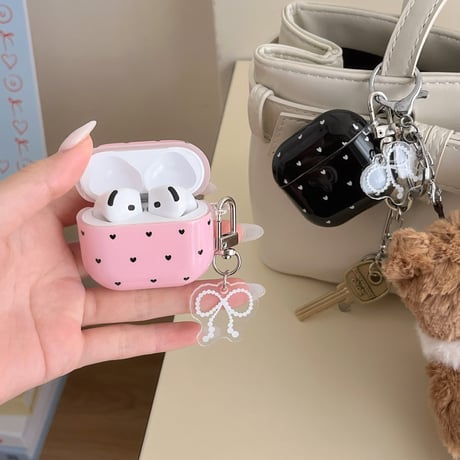 ハート柄 Airpods 4ケース リボンキーホルダーとリング付 Airpods3/Pro2ケース airpodsproカバー 可愛い 女子力高い[M5093]