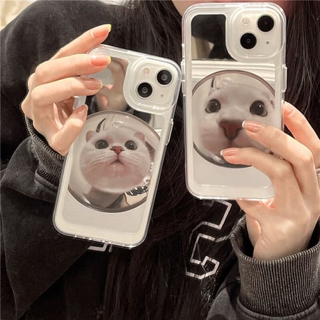 ミラー猫ちゃん iphone14/13ケース かわいい アイフォン12プロ/11カバー 面白い 頑丈 お揃い ギフトにおすすめ[M3042]