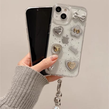 リボン/ハートデコ iPhone15/16proケース ストラップ付 グリッター入り iPhone14/13pro/12ケース  かわいい キラキラ[M3867]