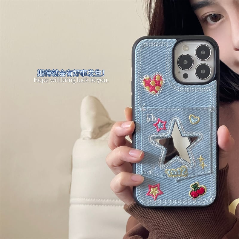 ミラー付カード入れ iPhone15/15proケース デニム 刺繍入り ミラー付カード入れ iPhone15/15proケース デニム 刺繍入り
