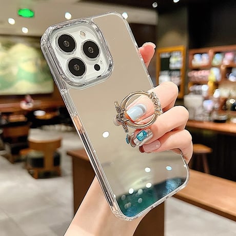 リング付ミラーiPhone16/16Pro/15Proケース 丈夫 iPhone14Pro/13/12カバー 高級感 高機能 便利 [M3918]