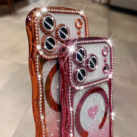 うねうねジュエリーライン iPhone17Pro/17ケース MagSafe対応 ハート柄 iPhone16/15/14ケース ラグジュアリー感 メタリックカラー レンズ保護[M6311]