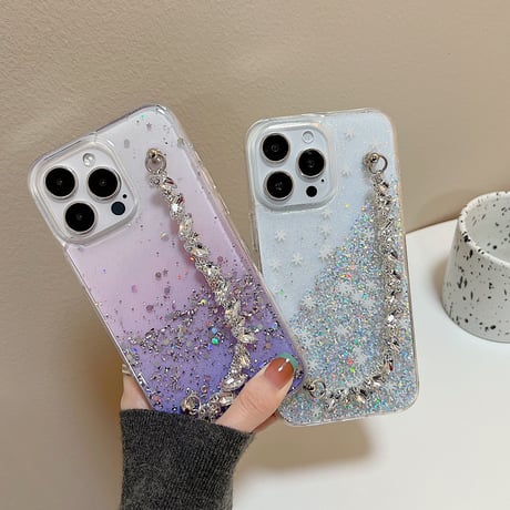 オシャレダイヤモンドチェーン iPhone14pro/14promaxケース グリッター入り アイフォン13/12proカバー  綺麗  ガールズに超人気 可愛い 実用 [M2559]