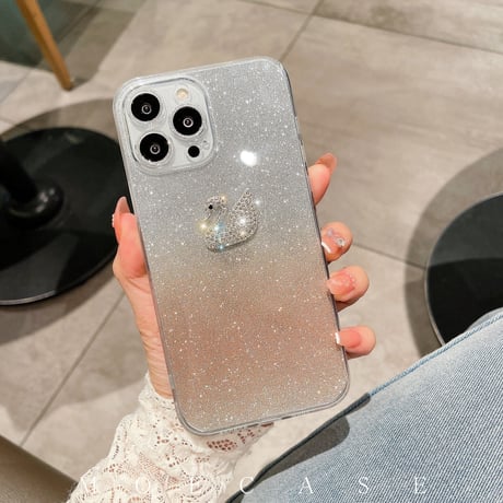 ジュエリーハクチョウ iPhone14/15Proケース 豪華 アイフォン13/12/11カバー ラメ入りシール カメラレンズフイルム付き 綺麗 お洒落[M2743]