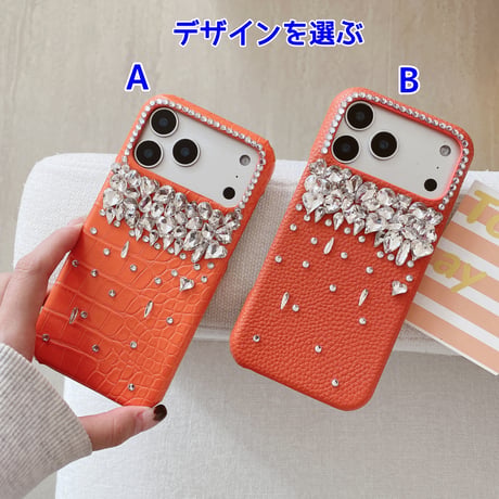 高級感ダイヤモンド iPhone17ProMax/17Proケース オレンジ革製 iPhone17/Airカバー おしゃれ キラキラ 贅沢[M5740]