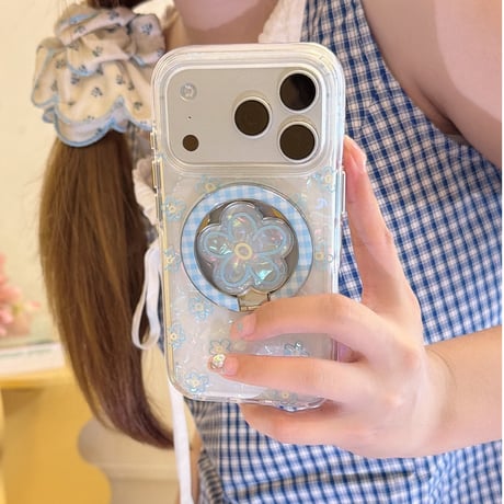 ブルー花リングスタンド iPhone17/17Proケース MagSafe対応 iPhone16Pro/15/14ケース 可愛い便利 甘めコーデ [M6434]