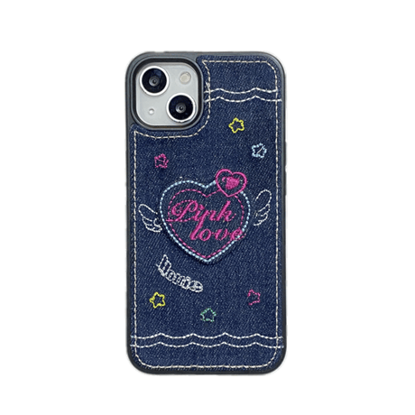 デニム生地 刺繡入り iphone14/14proケース  ハート柄  iphone13/12/11/XRカバー  高品質  高級感 ギフトにおすすめ [M2246]