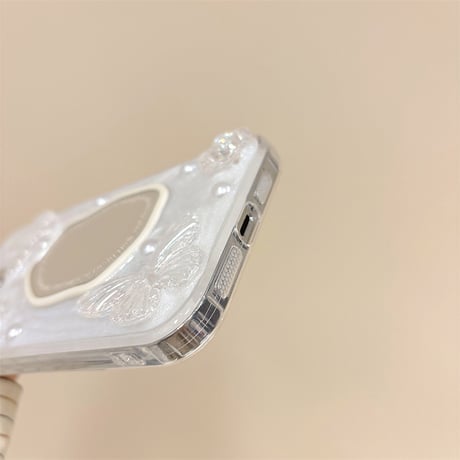 鏡付 アイフォン15/15プロ/15プラスケース 蝶/パール iPhone14/13pro/12ケース 可愛い 女子力アップ[M4496]