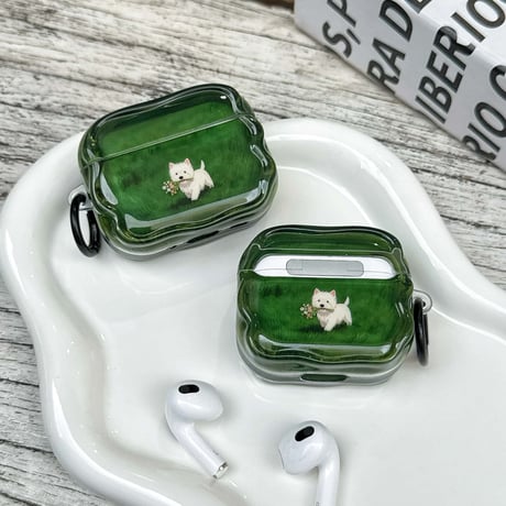 遊ぶ犬ちゃん AirpodsPro3ケース グリーン Airpods4/3カバー pro2/pro1 可愛い リング/キーホルダー付 うねうね 落下防止[M5984]