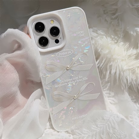 シェル風 iPhone15/15proケース リボン柄 立体パール iPhone14/13pro/12ケース かわいい きれい 女子力UP[M4003]