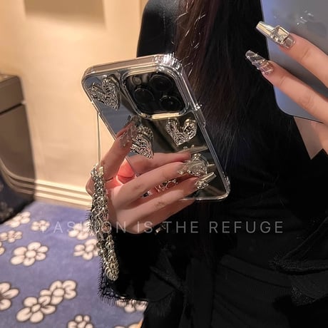 オシャレ鏡付 iPhone15/15proケース ハートデコ リボンストラップ iPhone14/13pro/12ケース  シック 可愛い 便利[M3960]
