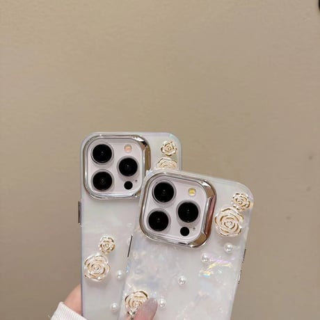 花パール iPhone15/15proケース  キラキラ シェル風 iphone14/13/12proカバー 綺麗 女子力アップ [M4039]