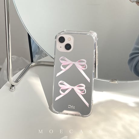 リボン ミラー iPhone14/13ケース  シック アイフォン13/12/11promaxカバー 使いやすい 化粧直しに便利 ガールズに人気[M2746]
