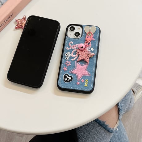 刺繡入り sweet girl iphone14/14promaxケース デニム お揃いアイフォン13/12/11カバー 星 可愛いプレゼントにおすすめ[M2251]