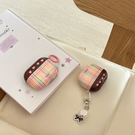 ハート柄/チェック柄 Airpods 4ケース ガーリーファッション Airpods3/2カバー Airpodspro2/pro リング/リボンキーチェーン かわいい[M4838]