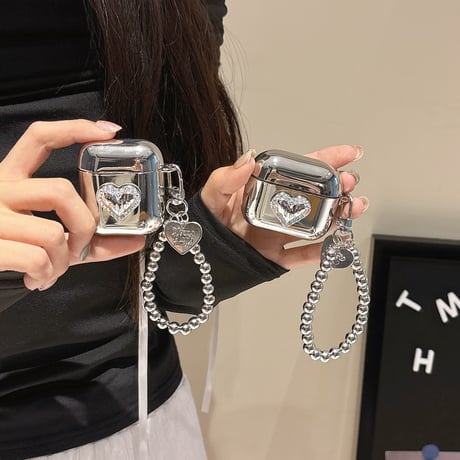 ジュエリーハート Airpods 4ケース 金属ビーズストラップ付 Airpodspro2/proカバー Airpods3/2 めっちゃ可愛い光沢感[M4899]
