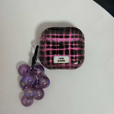 パープル系 Airpods Pro3ケース ぶどうっぽキーホルダー Airpods 4/3カバーケース AirpodsPro2/1  オシャレ チェック柄 [M6176]