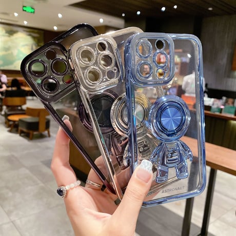 宇宙飛行士リング付 iPhone15/14proケース メッキクリアアイフォン13/12/11proカバー スタンド 便利 艶あり セレブ愛用 [M2637]