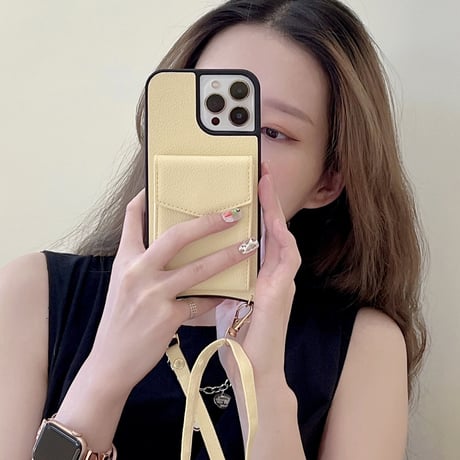 ICカード入れ2個ミラー付 アイフォン14plus/14proケース レザー iphone13/12/SE3カバー 肩掛けストラップ付 高級感実用[M2219]
