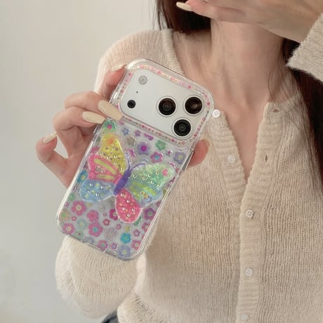 蝶グリップ iPhone17pro/17ケース 花柄 iPhone16/15promax/14ケース かわいい 多機能便利[M6205]