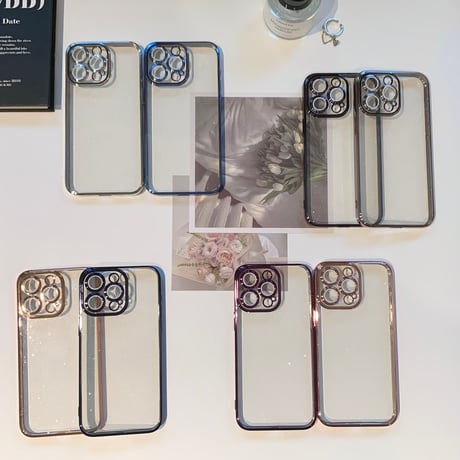 黄ばまないキラキラ iPhone15/15proケース  ナチュラル/ブルーチタニウム iPhone14/13/12 ラメレンズフイルム 軽量丈夫[M3942]