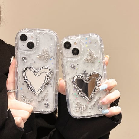 ハートミラー iPhone15/16proケース キラキラ蝶 アイフォン14/13pro/12ケース 女子力アップ うねうね[M4529]