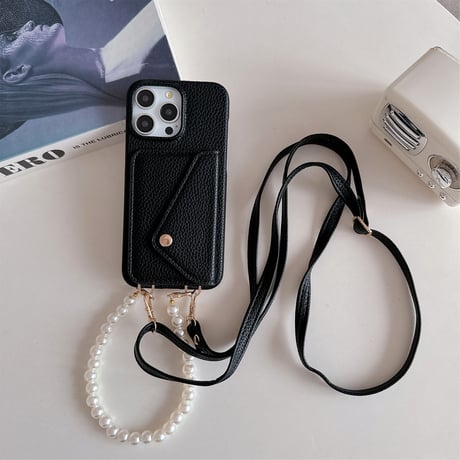 ICカード収納 iPhone15pro/15カバー パールストラップ/革ショルダー付 アイフォンSE/14pro/13プロケース 高品質便利 [M4325]