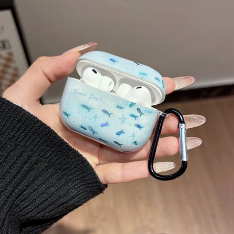 海 魚 AirpodsPro3ケース グラデーションブルー Airpods4/3カバー AirpodsPro第2/1世代 カラビナ付き おしゃれ[M6354]