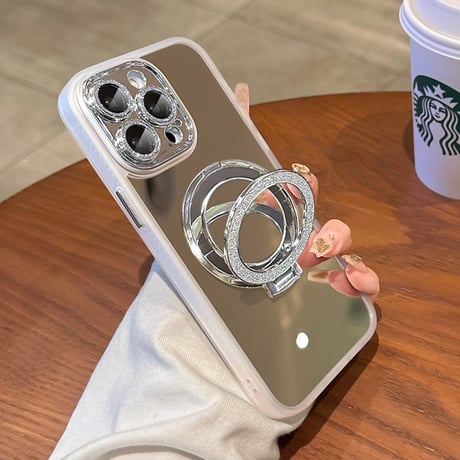 ミラー iPhone17Pro/17ケース 鏡スタンドリング付 iPhone17ProMax/16Pro/15カバー  キラキラカメラカバー付 艶感 オシャレ [M5934]