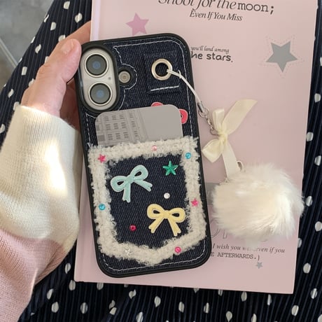 カート収納 iPhone16/16Proケース 刺繡リボン 毛玉ストラップ付 iPhone15Promax/14/13カバー デニム  耐衝撃 女子力高い[M4891]