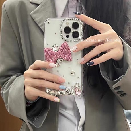ジュエリーリボン iPhone14/15Proケース キラキラ オシャレデコiPhone13/12/11カバー 綺麗 豪華 女子力アップ ギフトにおすすめ[M2669]