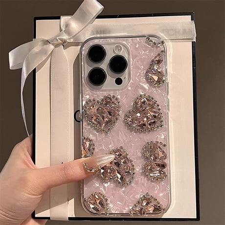 ダイヤハート iPhone16pro/16plusケース シェル柄 ピンク iPhone15promax/14pro/13カバー 女子力高い オシャレ[M5064]