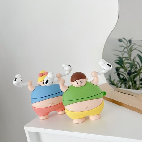 でぶちゃん airpodsケース ウエイトリフティング airpodsproカバー  面白い キーリング付  頑丈ソフトケースM503