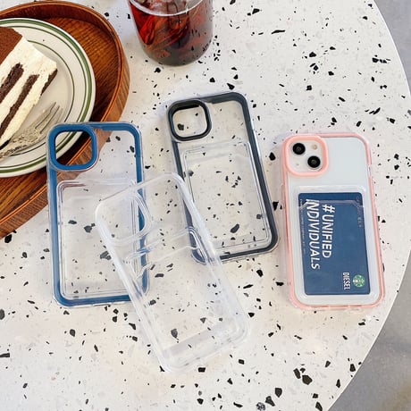 【iPhone15対応】カラー枠カード入れ付 iphone14/13promaxカバー  写真/メモ収納クリアアイフォン11/12miniケース  耐衝撃  頑丈 シンプル   M1094