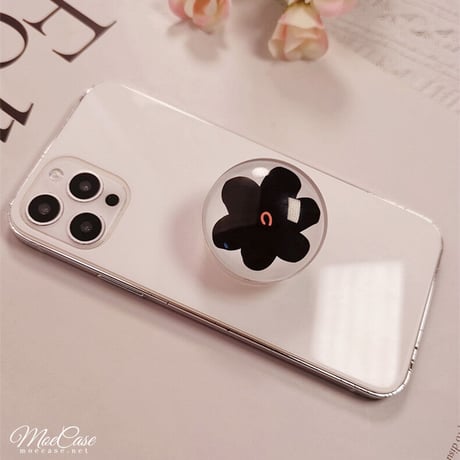 クリスタル スマホグリップスタンド イチゴ/ピーチ/黒花/牛柄 かわいい 粘着タイプ キラキラ 全機種対応 オシャレ トレンド[M3107]